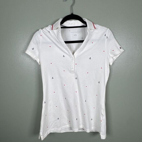 Tommy Hilfiger Tops - Tommy Hilfiger Nautical Anchors Polka‎ Dot White Polo Women’s Size Small